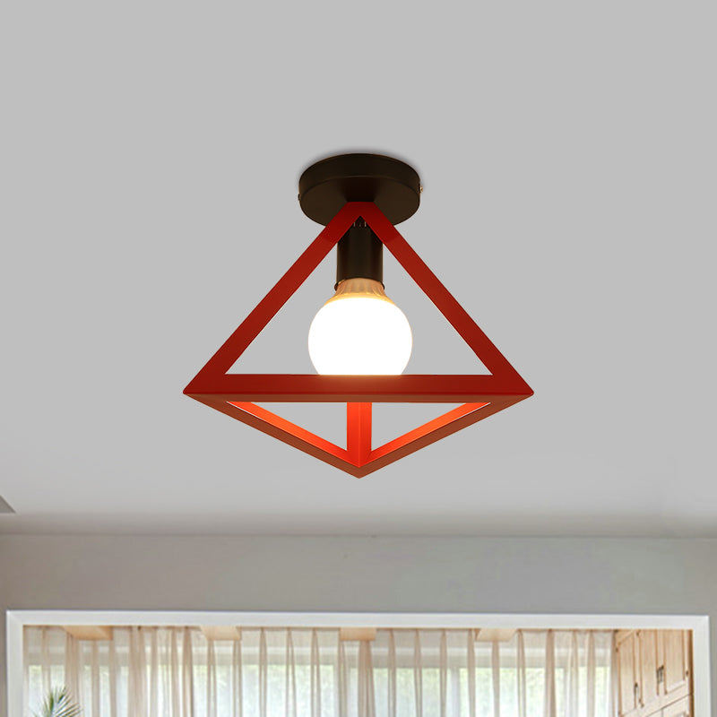 Triangle Ceiling Fixture with Cage Shade, Loft-Style, 1-Bulb Metal Semi-Flush Mount Light – Black/Red