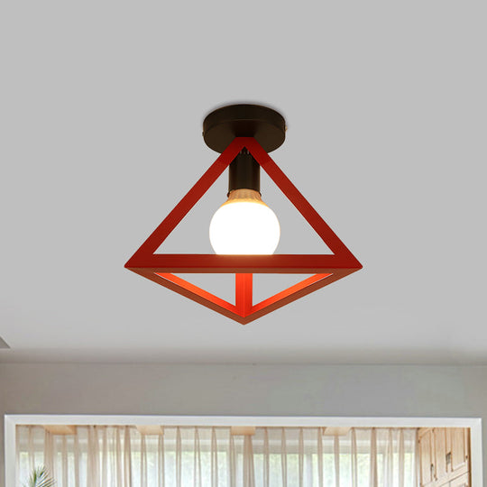 Triangle Ceiling Fixture With Cage Shade Loft-Style 1-Bulb Metal Semi-Flush Mount Light Black/Red