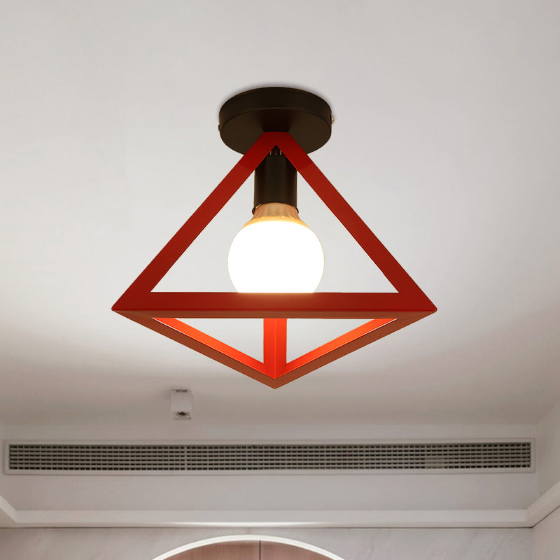 Triangle Ceiling Fixture with Cage Shade, Loft-Style, 1-Bulb Metal Semi-Flush Mount Light – Black/Red