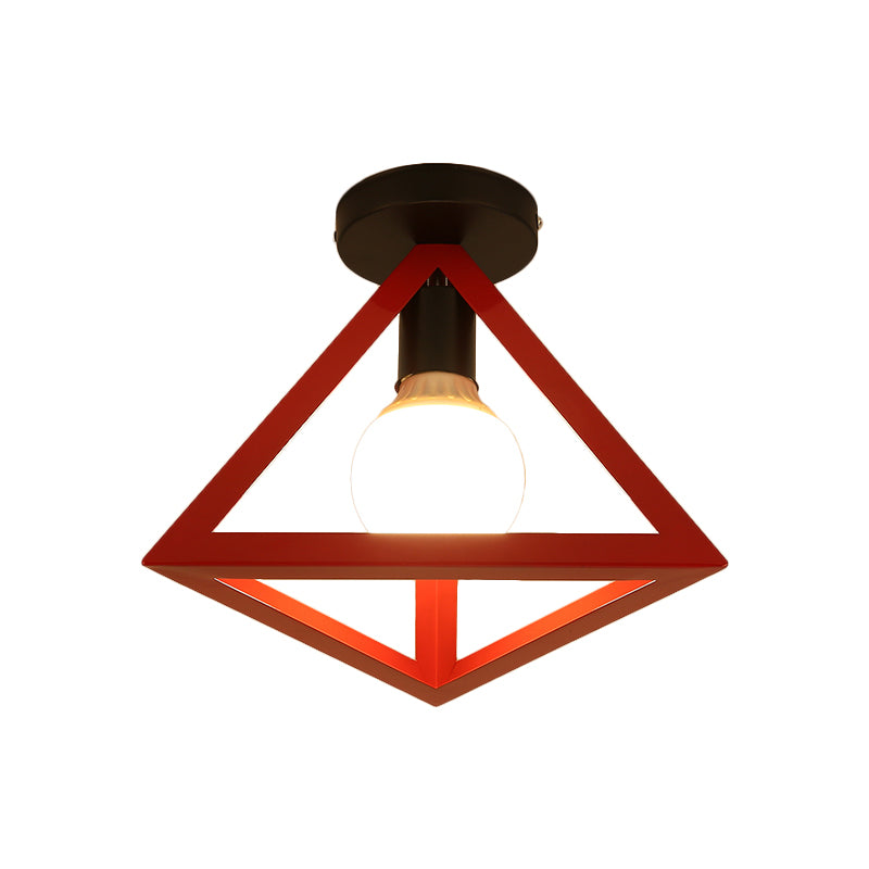 Triangle Ceiling Fixture with Cage Shade, Loft-Style, 1-Bulb Metal Semi-Flush Mount Light – Black/Red