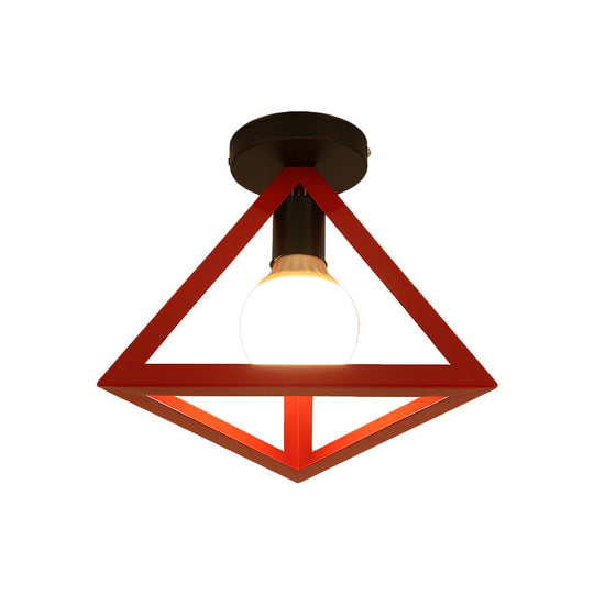 Triangle Ceiling Fixture With Cage Shade Loft-Style 1-Bulb Metal Semi-Flush Mount Light Black/Red