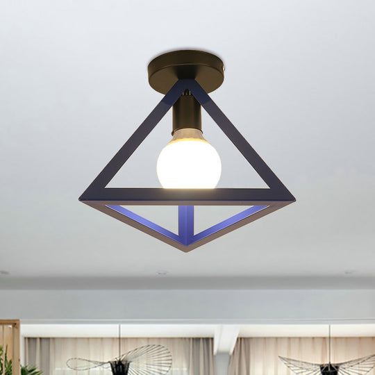 Triangle Ceiling Fixture with Cage Shade, Loft-Style, 1-Bulb Metal Semi-Flush Mount Light – Black/Red