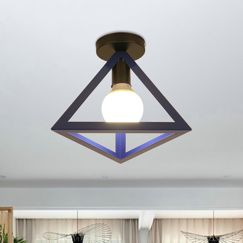 Triangle Ceiling Fixture With Cage Shade Loft-Style 1-Bulb Metal Semi-Flush Mount Light Black/Red