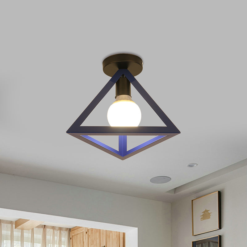 Triangle Ceiling Fixture with Cage Shade, Loft-Style, 1-Bulb Metal Semi-Flush Mount Light – Black/Red