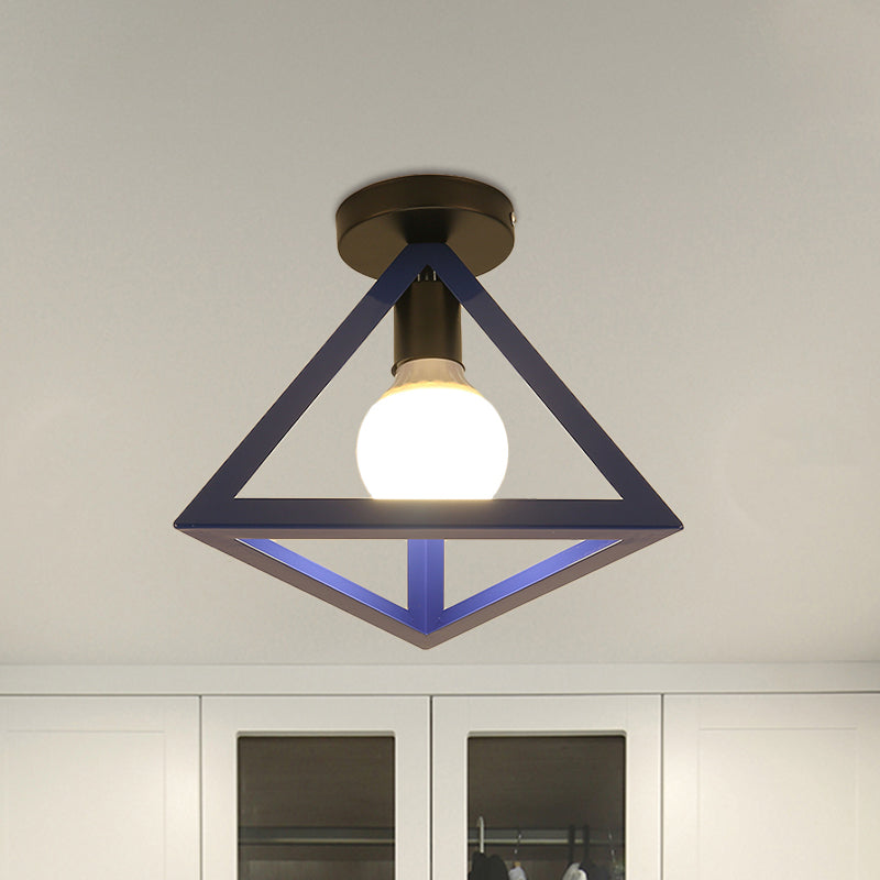 Triangle Ceiling Fixture With Cage Shade Loft-Style 1-Bulb Metal Semi-Flush Mount Light Black/Red