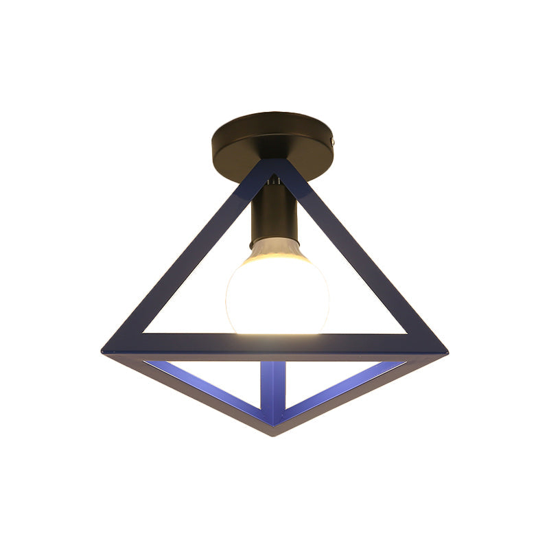 Triangle Ceiling Fixture With Cage Shade Loft-Style 1-Bulb Metal Semi-Flush Mount Light Black/Red