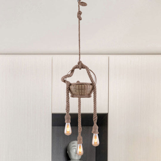 Antique Beige Hemp Rope Chandelier With Bare Bulb - Ideal For Living Room 3 /