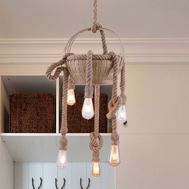 Vintage Beige Hemp Rope Chandelier - Rustic Hanging Light for Living Room