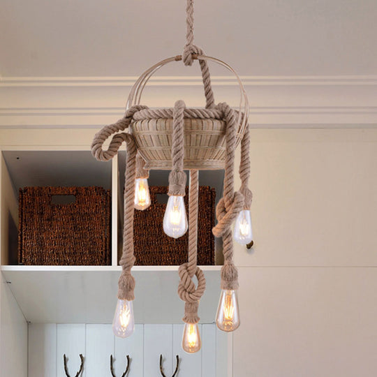 Antique Beige Hemp Rope Chandelier With Bare Bulb - Ideal For Living Room 6 /