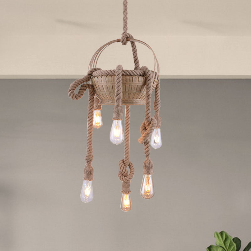 Antique Beige Hemp Rope Chandelier With Bare Bulb - Ideal For Living Room