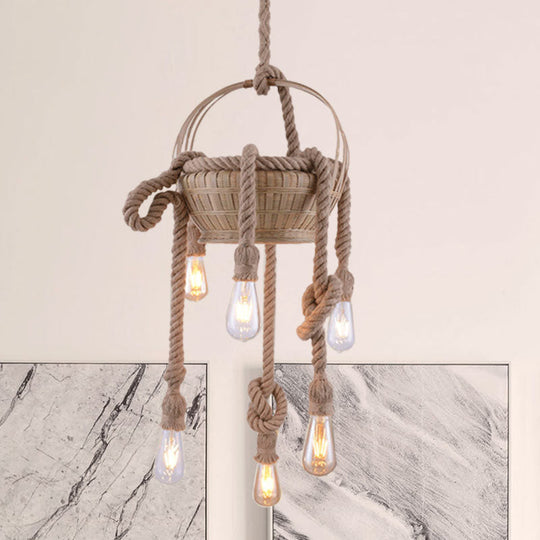 Antique Beige Hemp Rope Chandelier With Bare Bulb - Ideal For Living Room