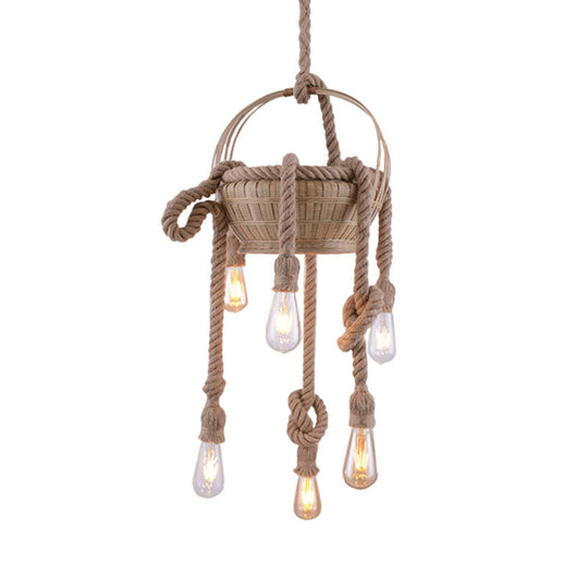 Antique Beige Hemp Rope Chandelier With Bare Bulb - Ideal For Living Room