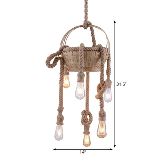 Antique Beige Hemp Rope Chandelier With Bare Bulb - Ideal For Living Room