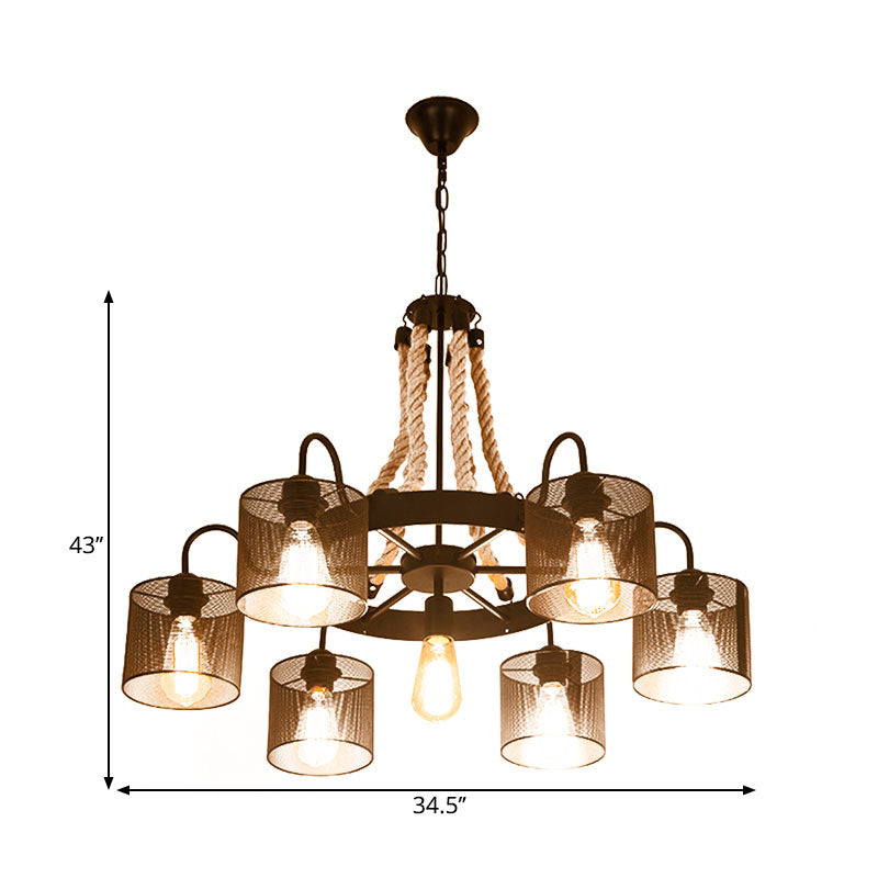 Vintage Style 6-Head Chandelier: Cylinder Mesh Metal Shade Hanging Lamp For Restaurants Beige