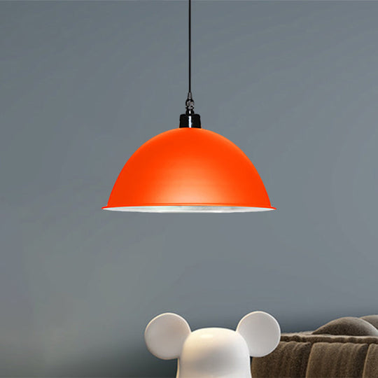 Metallic Industrial Pendant Light: Red/Yellow Dome Shade Hanging Lamp For Living Room Ceiling Orange