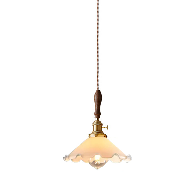 Scalloped Pendant Lamp: Farmhouse Style, 1-Light, White Glass with Brass Fixture