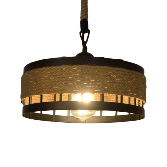 Hemp Rope Drum Pendant Light Country Style 12"/16" Wide 1-Head Restaurant Hanging Lamp, Beige