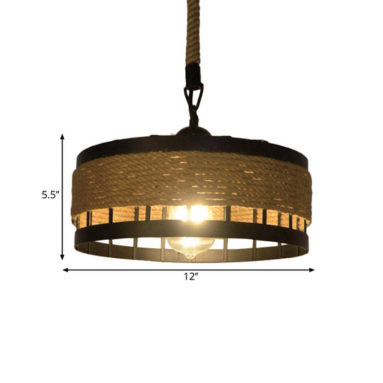 Hemp Rope Drum Pendant Light Country Style 12"/16" Wide 1-Head Restaurant Hanging Lamp, Beige