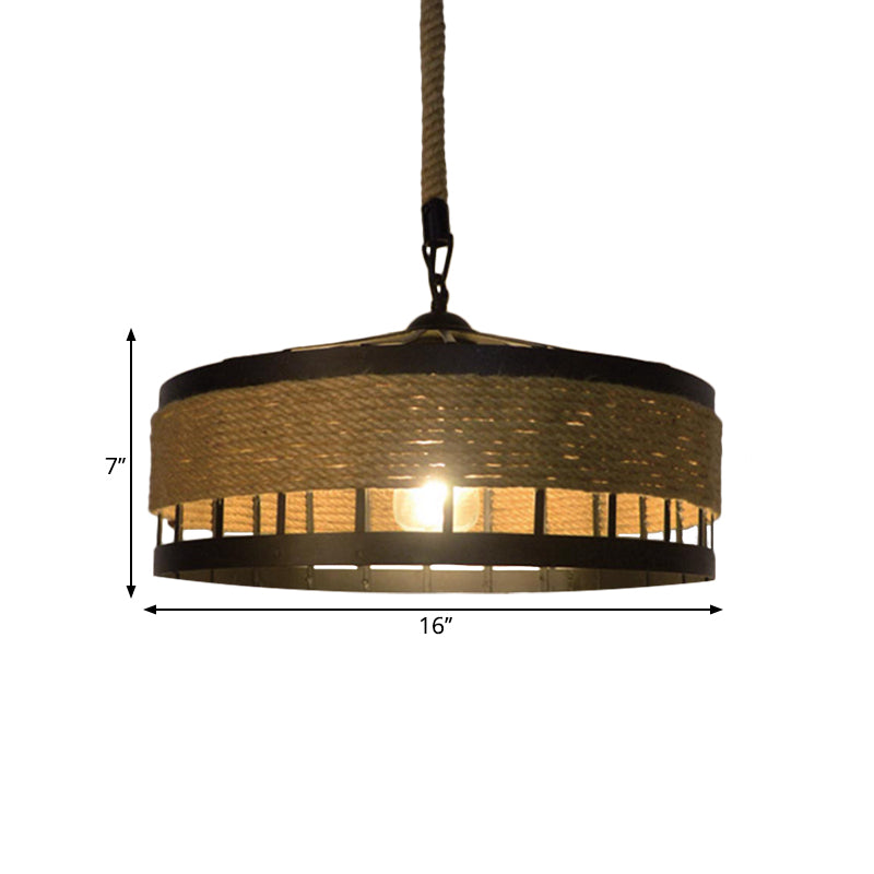 Hemp Rope Drum Pendant Light Country Style 12"/16" Wide 1-Head Restaurant Hanging Lamp, Beige