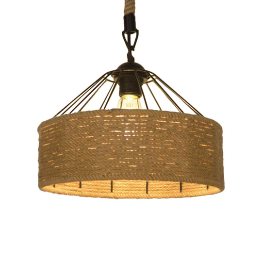 Hemp Rope Drum Pendant Light Country Style 12"/16" Wide 1-Head Restaurant Hanging Lamp, Beige