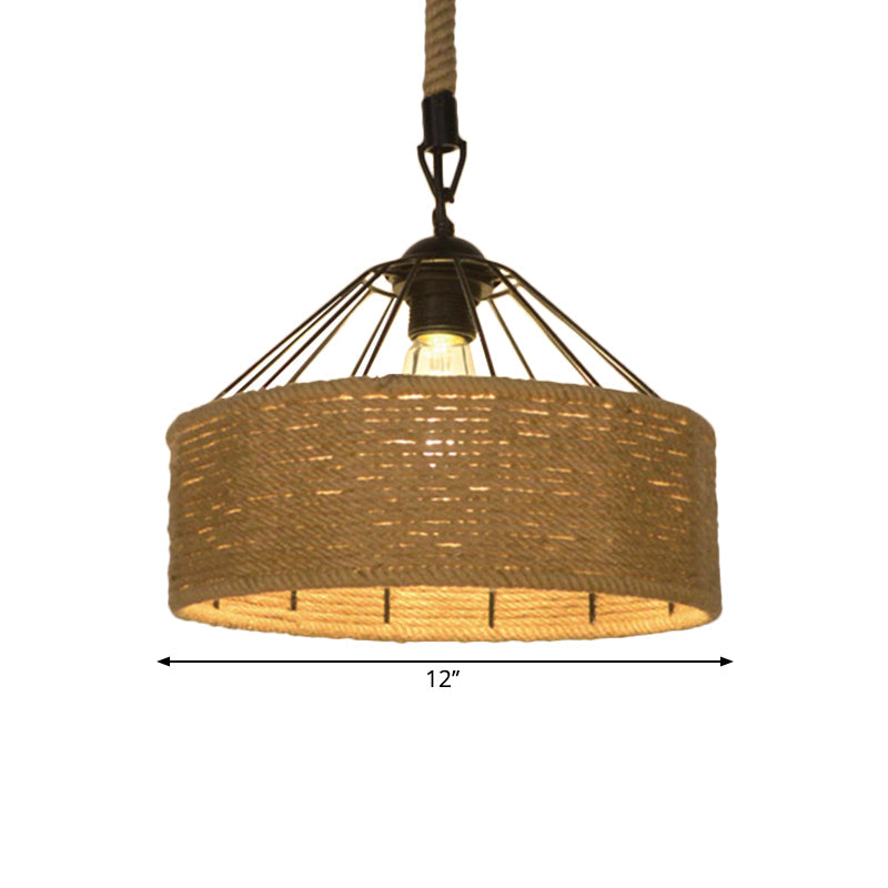 Hemp Rope Drum Pendant Light Country Style 12"/16" Wide 1-Head Restaurant Hanging Lamp, Beige