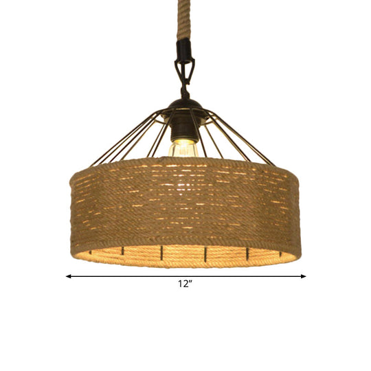 Hemp Rope Drum Pendant Light Country Style 12"/16" Wide 1-Head Restaurant Hanging Lamp, Beige