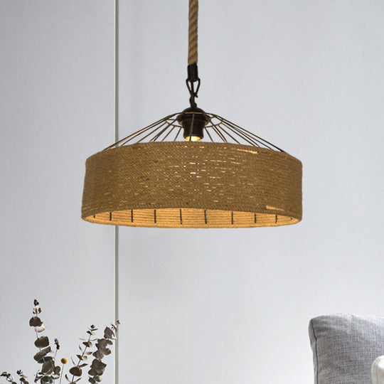 Hemp Rope Drum Suspended Light - Country Style Hanging Lamp (12/16) Beige