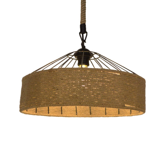 Hemp Rope Drum Pendant Light Country Style 12"/16" Wide 1-Head Restaurant Hanging Lamp, Beige