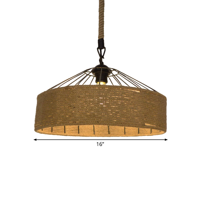 Hemp Rope Drum Pendant Light Country Style 12"/16" Wide 1-Head Restaurant Hanging Lamp, Beige