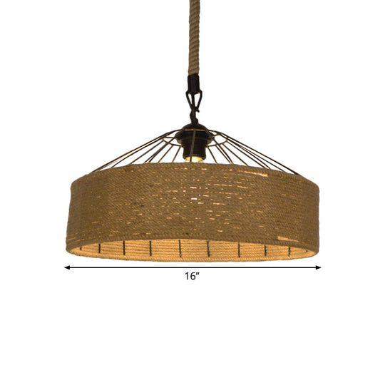 Hemp Rope Drum Pendant Light Country Style 12"/16" Wide 1-Head Restaurant Hanging Lamp, Beige