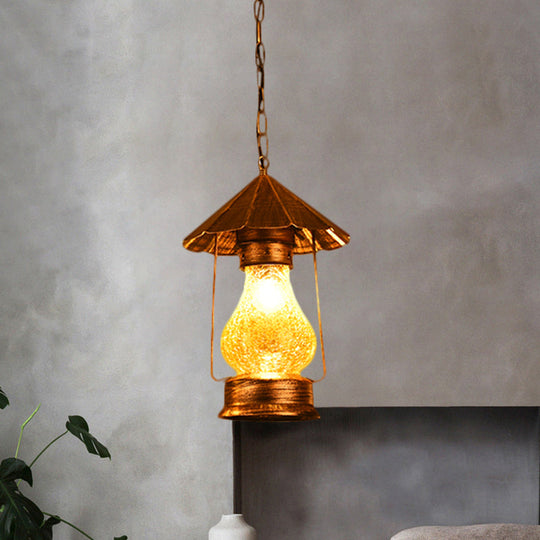 Crackle Glass Single-Bulb Pendant Lantern For Coffee Shops - Yellow/White Farmhouse Hanging Light