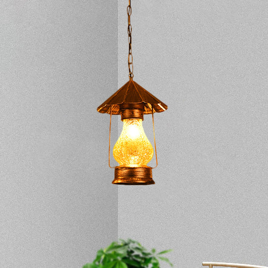 Farmhouse Lantern Pendant Lamp - Single-Bulb Crackle Glass Hanging Light - Yellow/White - for Coffee Shop