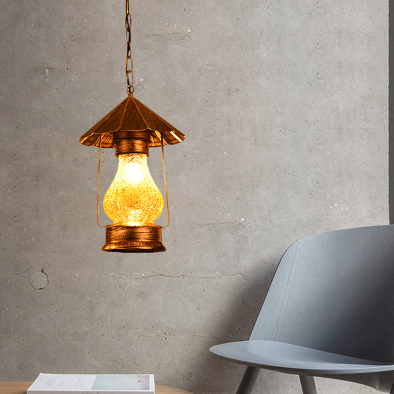 Crackle Glass Single-Bulb Pendant Lantern For Coffee Shops - Yellow/White Farmhouse Hanging Light