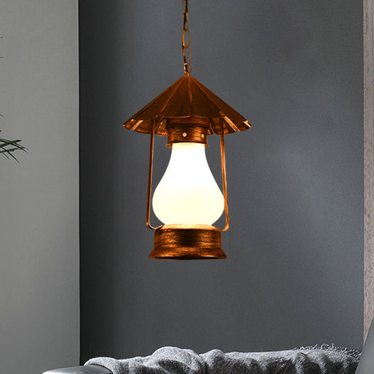 Crackle Glass Single-Bulb Pendant Lantern For Coffee Shops - Yellow/White Farmhouse Hanging Light