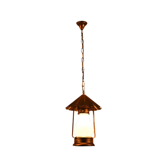 Farmhouse Lantern Pendant Lamp - Single-Bulb Crackle Glass Hanging Light - Yellow/White - for Coffee Shop