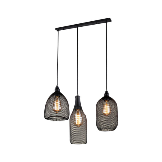 Metal Hanging Mesh Cage Light with Antique Design - 3 Heads - Black Shade - Ideal for Dining Room Suspension