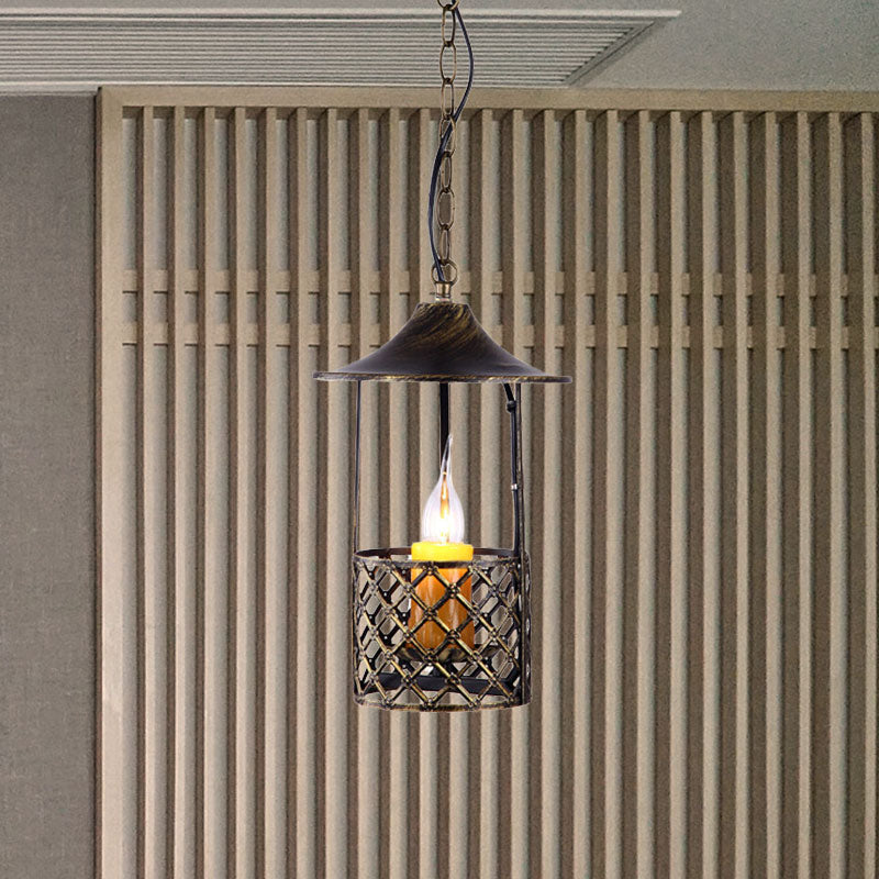 Industrial Brass Pendant Light With Cage Shade For Living Room - 1 Bulb Metal Hanging Fixture