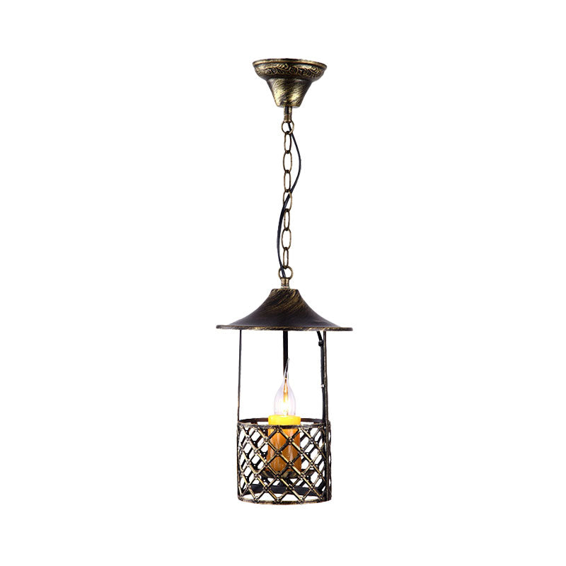 Industrial Brass Pendant Light with Cage Shade for Living Room