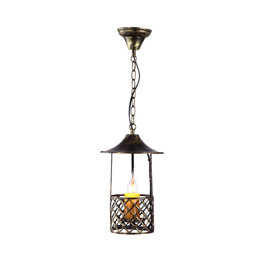 Industrial Brass Pendant Light With Cage Shade For Living Room - 1 Bulb Metal Hanging Fixture