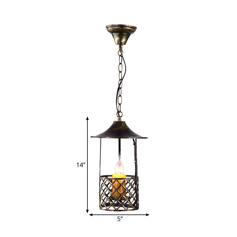 Industrial Brass Pendant Light with Cage Shade for Living Room