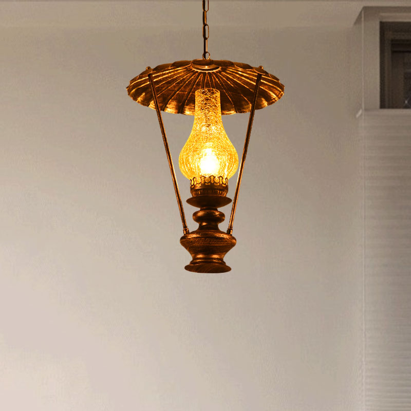 Industrial Lantern Crackle Glass Ceiling Pendant Light for Living Room - 1 Light Hanging