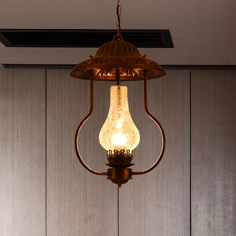 Industrial Lantern Pendant Light With Clear Crackle Glass And Bronze Finish