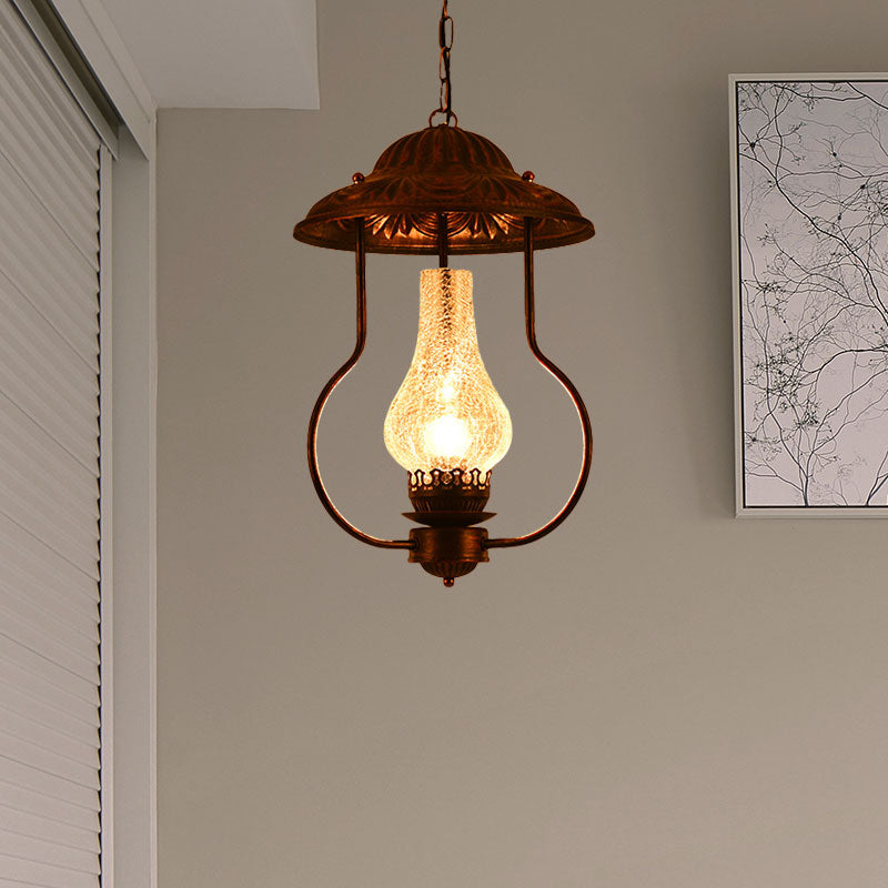 Industrial Lantern Pendant Light with Crackle Glass: Clear, Bronze Finish