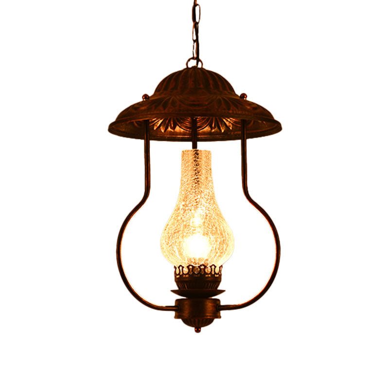 Industrial Lantern Pendant Light with Crackle Glass: Clear, Bronze Finish