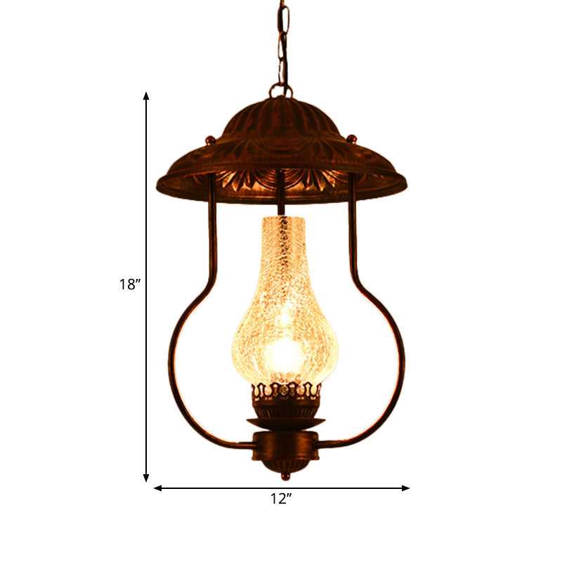 Industrial Lantern Pendant Light with Crackle Glass: Clear, Bronze Finish