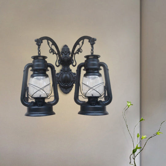 Industrial Lantern Wall Sconce Light Fixture - 2 Bulb Clear Glass Design In A Black/Bronze/Copper