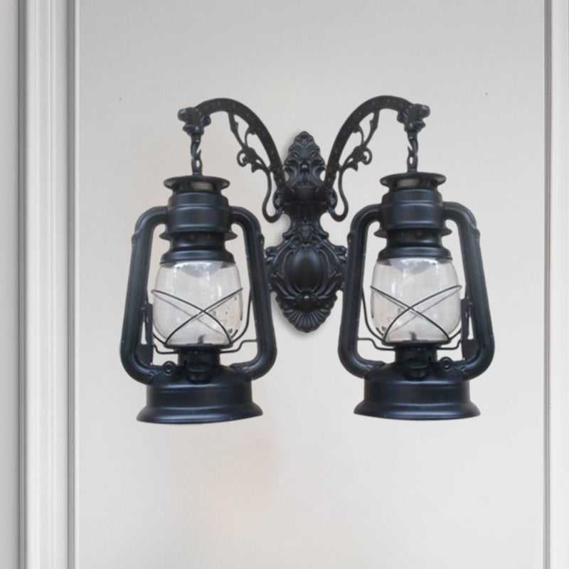 Industrial Lantern Wall Sconce Light Fixture - 2 Bulb Clear Glass Design In A Black/Bronze/Copper