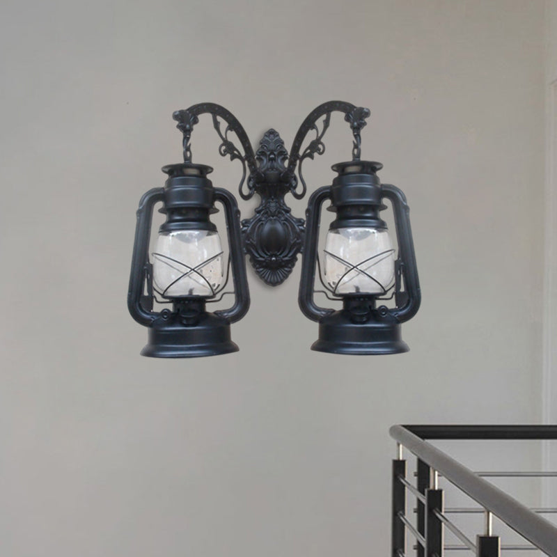 Industrial Lantern Wall Sconce Light Fixture - 2 Bulb Clear Glass Design In A Black/Bronze/Copper