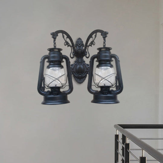 Industrial Lantern Wall Sconce Light Fixture - 2 Bulb Clear Glass Design In A Black/Bronze/Copper