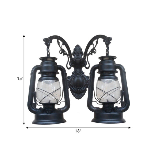 Industrial Lantern Wall Sconce Light Fixture - 2 Bulb Clear Glass Design In A Black/Bronze/Copper